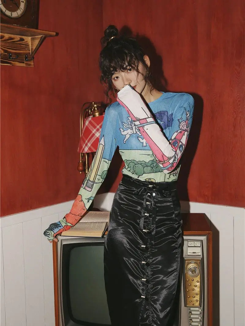Sheer Mesh Long Sleeve Graphic T-Shirt