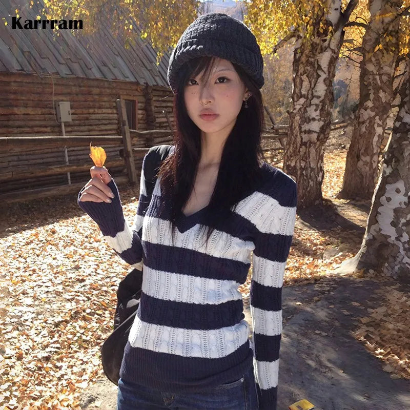 Vintage Japanese Striped V-Neck Sweater
