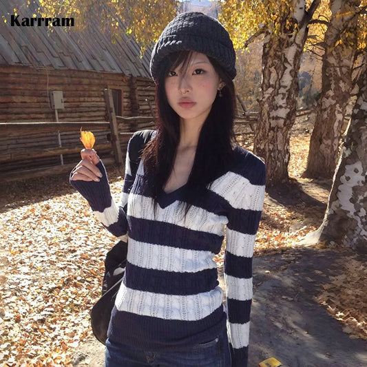 Vintage Japanese Striped V-Neck Sweater