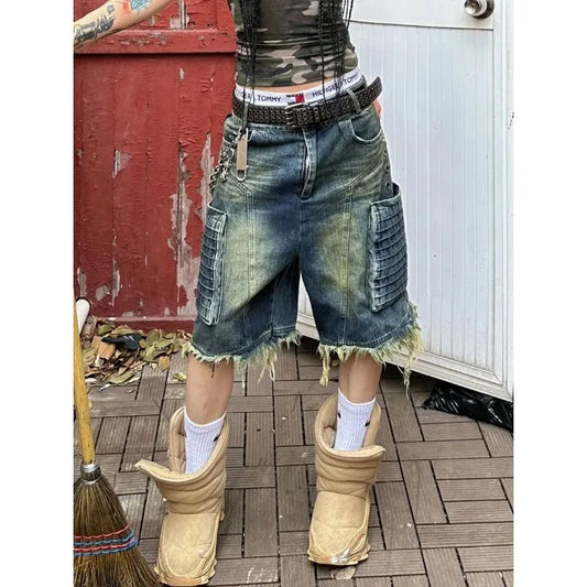 Retro Oversized Workwear Cropped Short Jeans