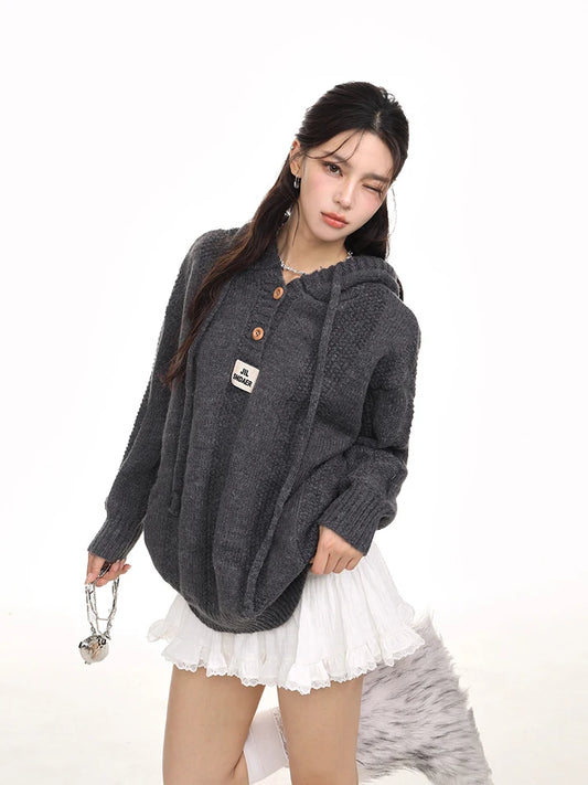 Retro Korean Hooded Sweater Casual Pullover