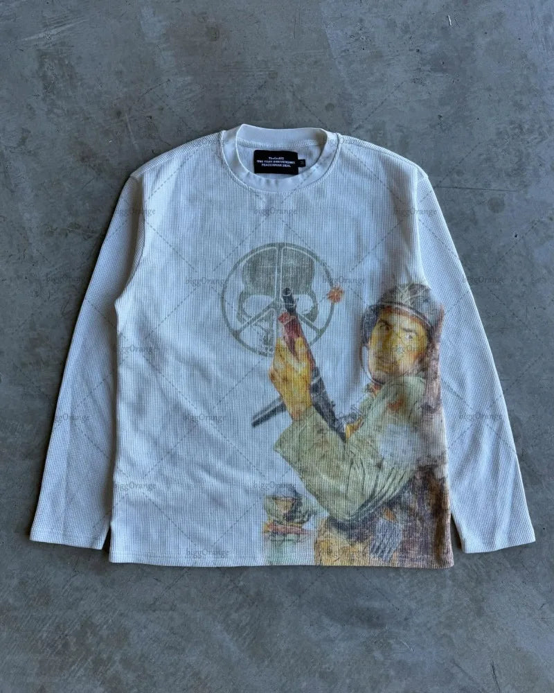 Retro Cartoon Printed Loose Long-Sleeve T-Shirt