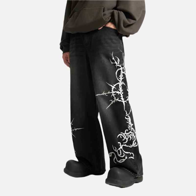 Black Graphic Denim Wide Leg Jeans