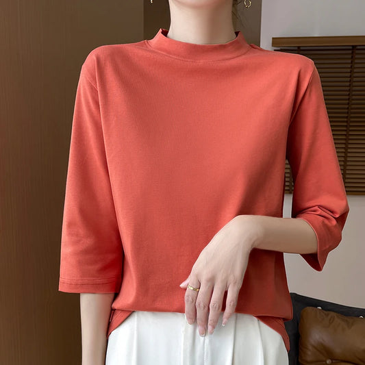 Cotton Semi High Neck Cropped T-Shirt