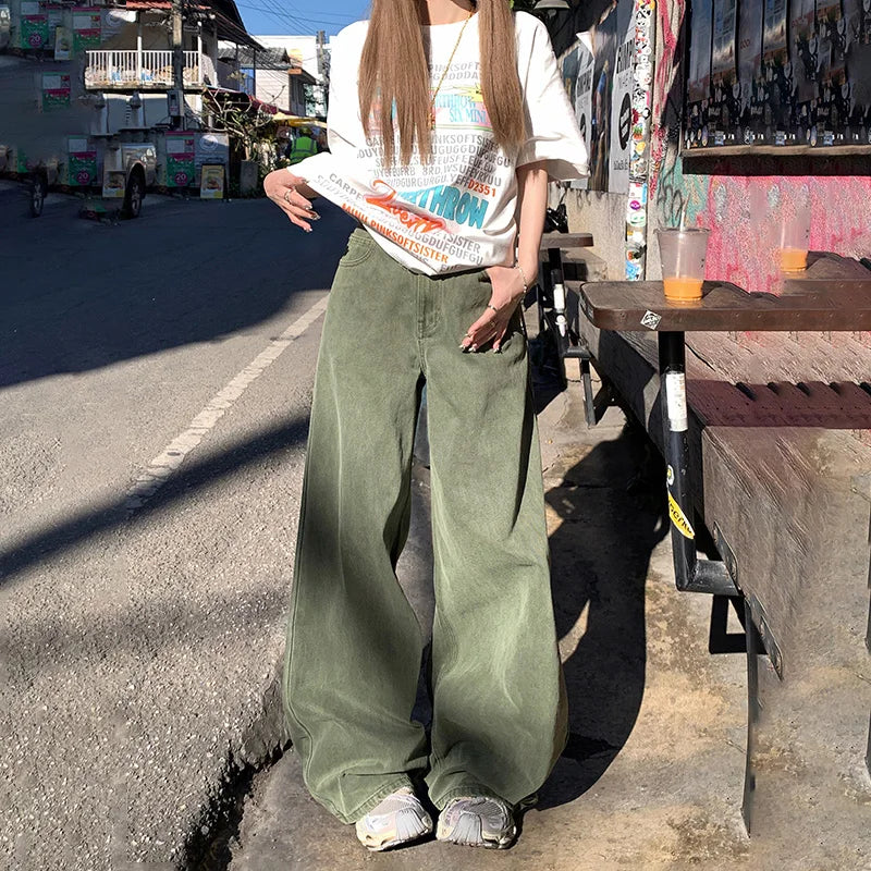 High Waist Loose Fit Green Jeans