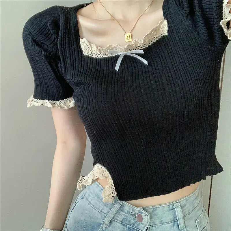 Spicy Girl Square Neck Lace Shirt