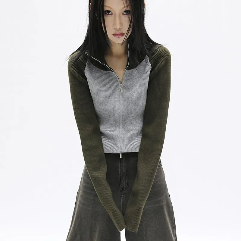Vintage Grunge Patchwork Turtleneck Cardigan Coat