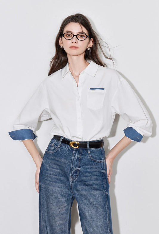 Contrasting Color Pocket Blouse Shirt