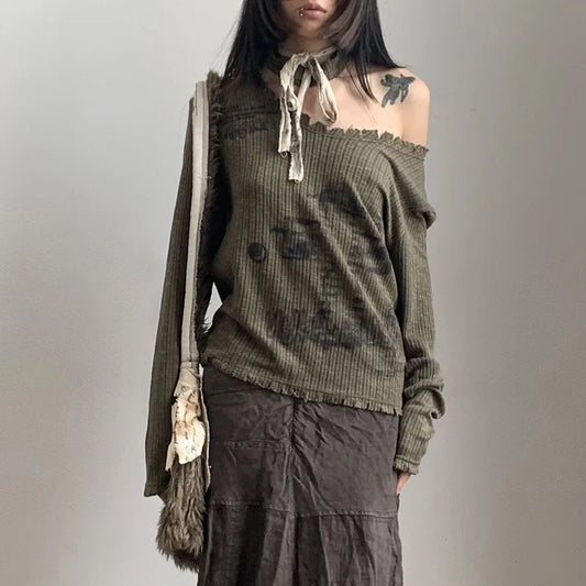 Vintage Grunge Distressed Knit Crop T-Shirt