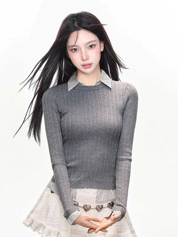 Contrast Color Knitted Sweater Shirt