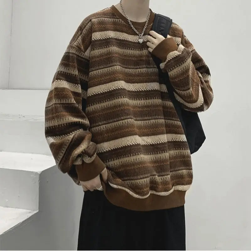 Trendy Retro Striped Loose Pullover Sweatshirt