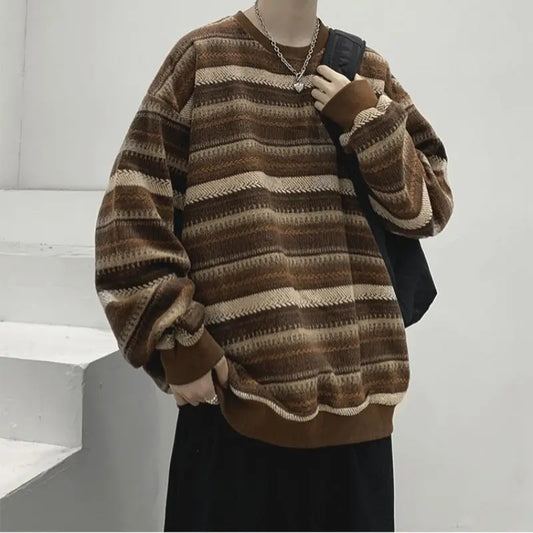 Trendy Retro Striped Loose Pullover Sweatshirt