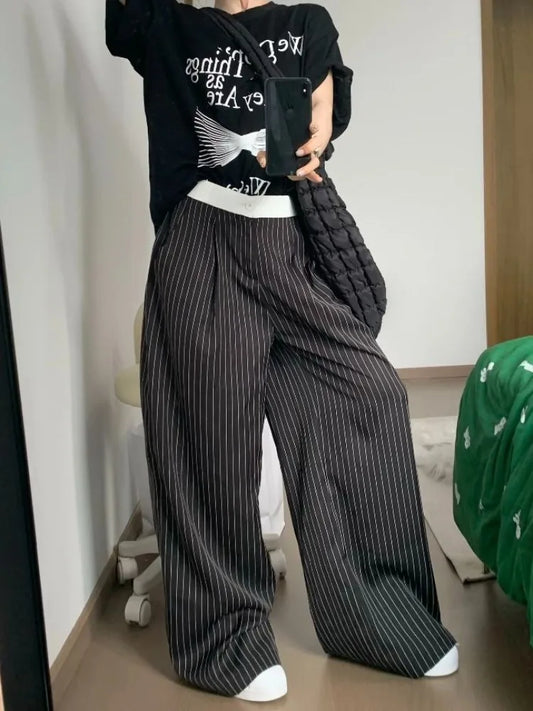 Elegant High Waist Striped Suit Pants