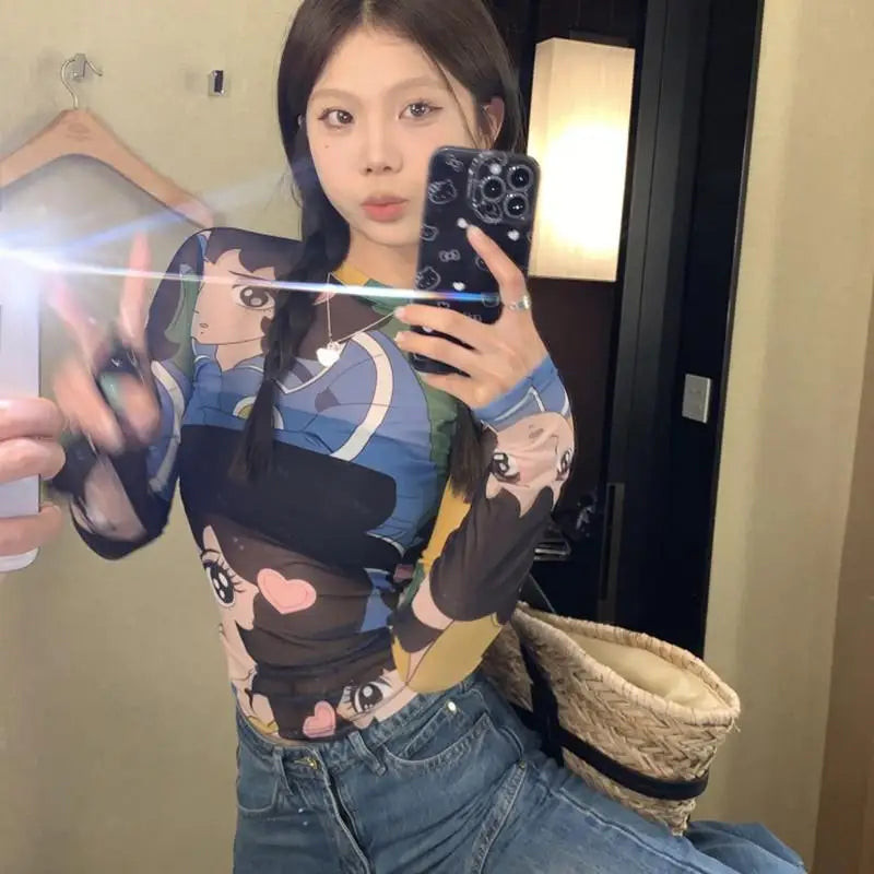 Sheer Mesh Japanese Anime Print T-Shirt