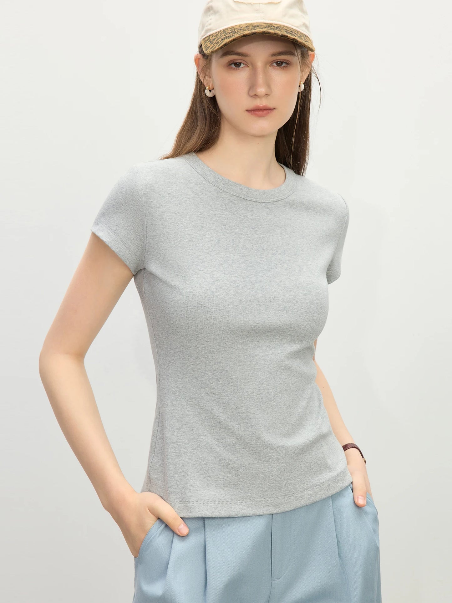 Pink Minimalist Style Straight Shoulder T-Shirt