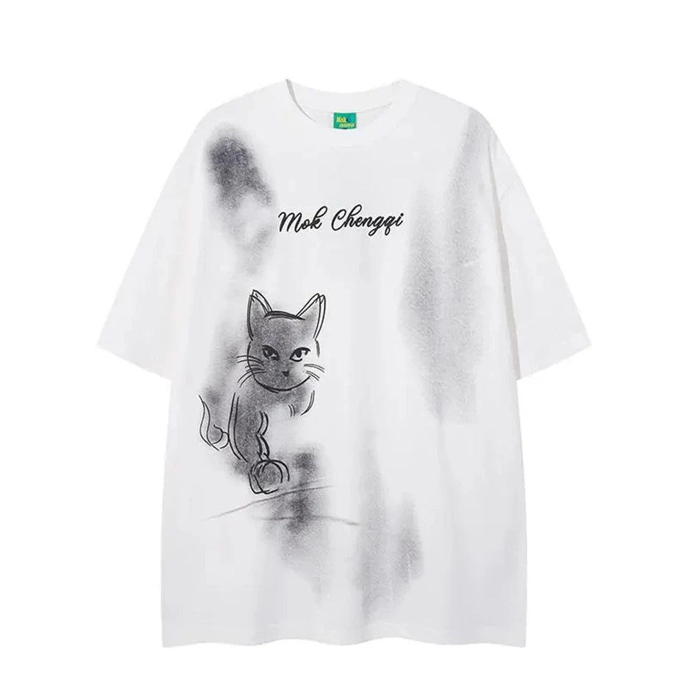 Vintage Graphic Kitten Print Short T-Shirt