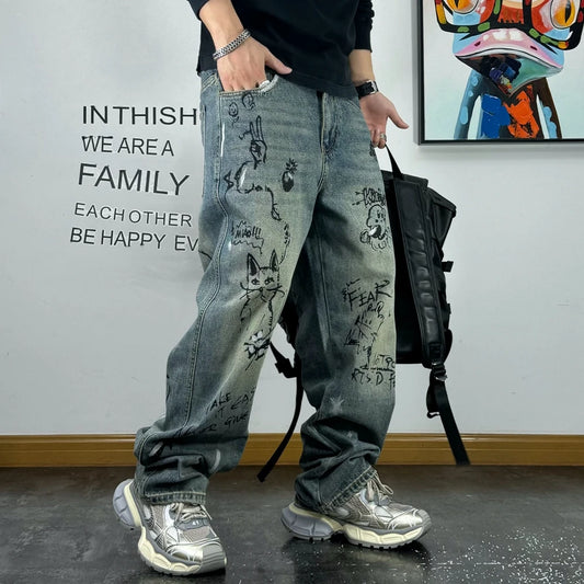 Distressed Creative Graffiti Print Baggy Jeans