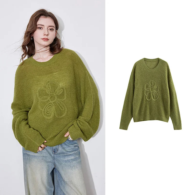 Cozy Knitted Sweater Flower Pattern Pullover