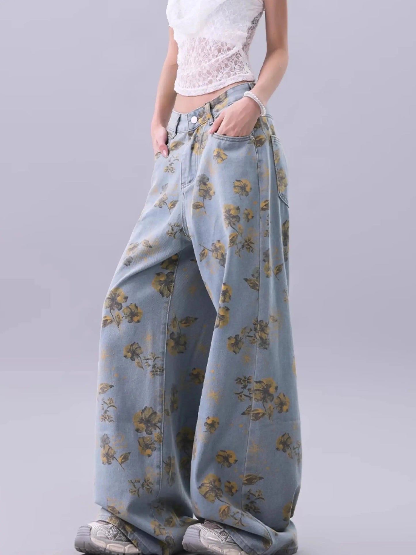 Blue Vintage Floral Print High Jeans