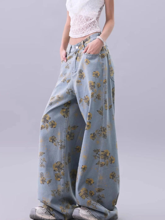 Blue Vintage Floral Print High Jeans