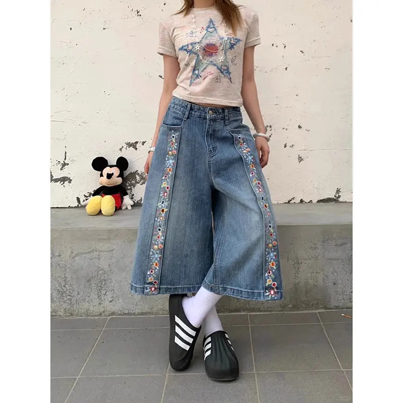 Light Blue Wide Leg Denim Jorts