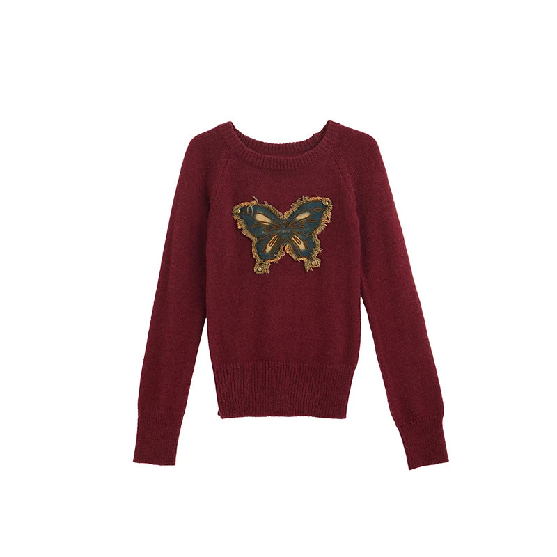 Vintage Butterfly Knitted Sweater O-Neck Pullover