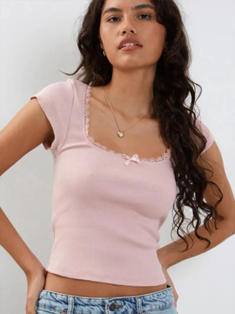 Vintage Lace Trim Knitted Square T-Shirt