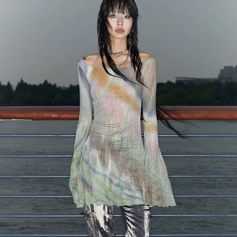 Vintage Flare Sleeve Sheer Mesh T-Shirt