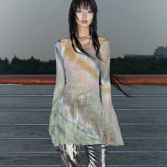 Vintage Flare Sleeve Sheer Mesh T-Shirt