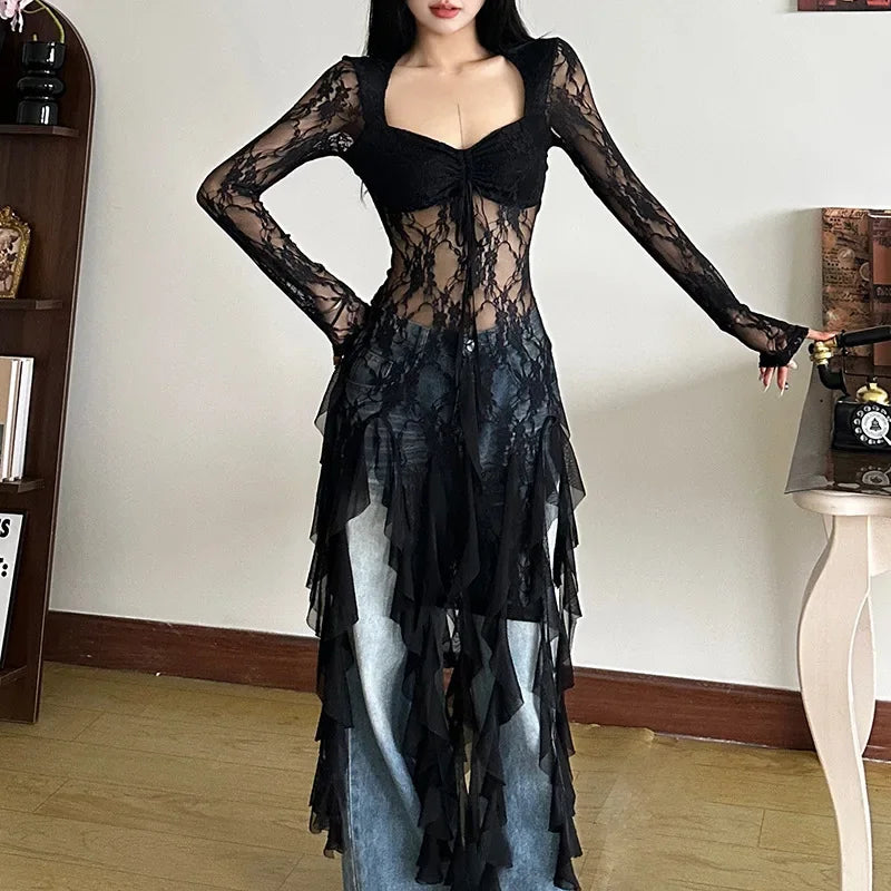Sexy Mesh Lace Maxi Top with Ruffles