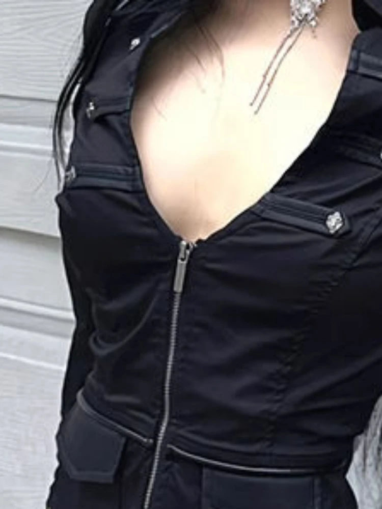 Sexy Double Zipper Grunge Cropped Shirt