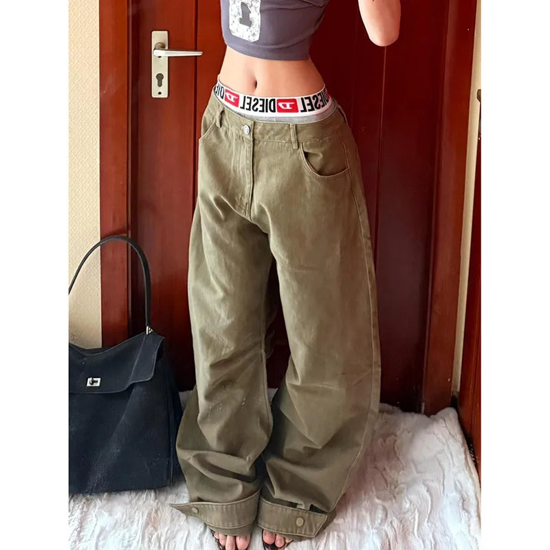 Green Vintage High Waist Wide Jeans