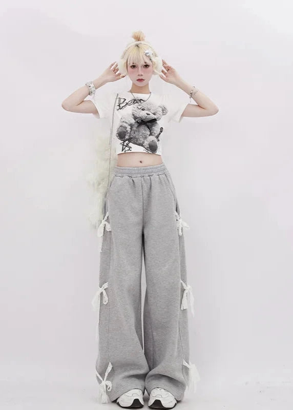 Grey Bow Oversize Y2K Retro Pants