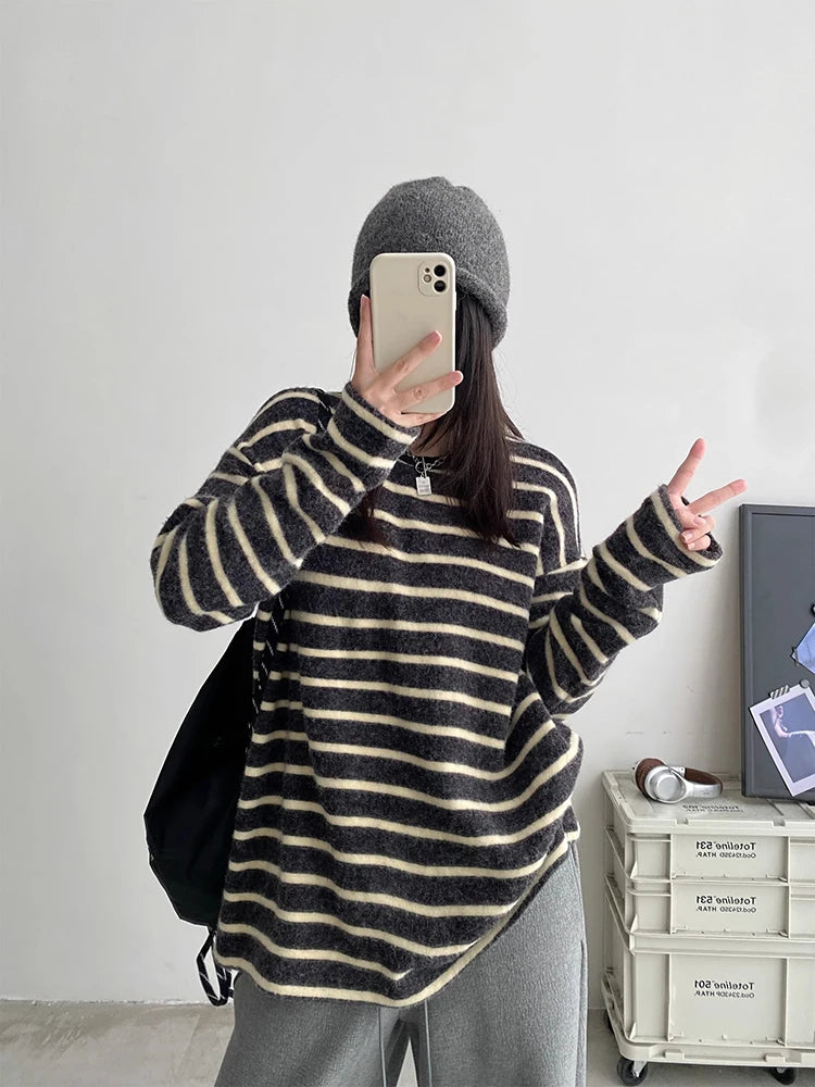 Retro Striped Lazy Style Long T-Shirt
