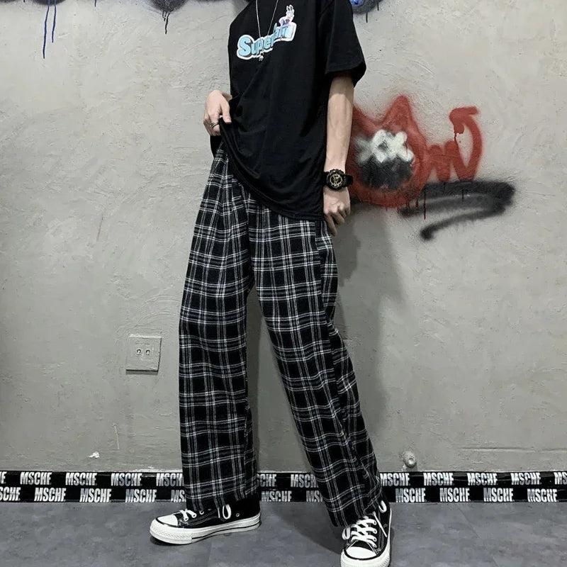 Summer Korean Style Plaid Wide-Leg Pants