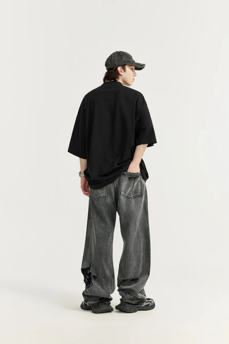 Heavyweight Ripped Mock Neck Cotton T-Shirt