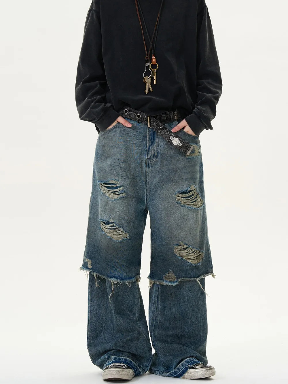Stacked Fake Two Pairs Ripped Jeans