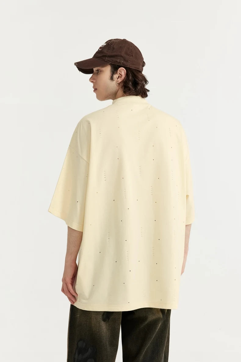 Heavyweight Ripped Mock Neck Cotton T-Shirt