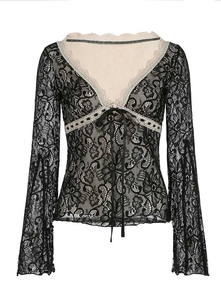 Floral Lace Tie Front Flounce T-Shirt