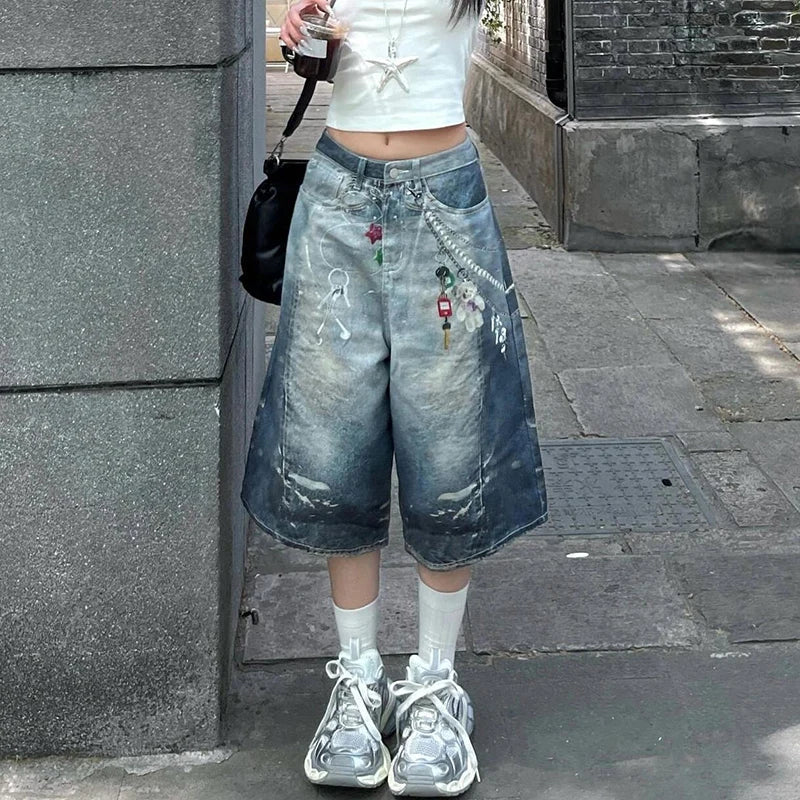 Blue Vintage Star Print Baggy Shorts
