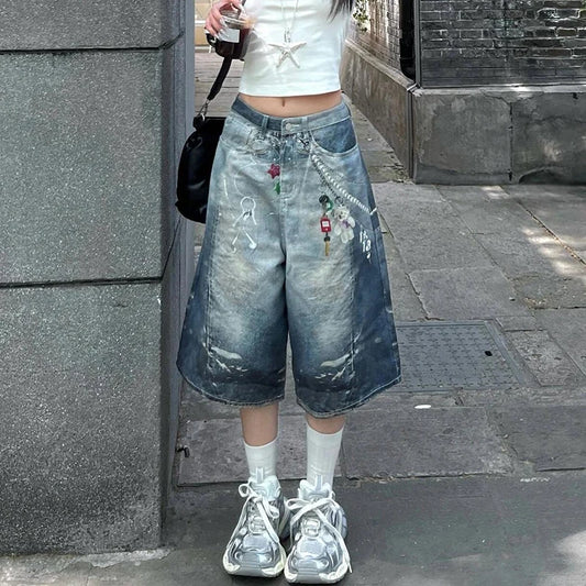 Blue Vintage Star Print Baggy Shorts