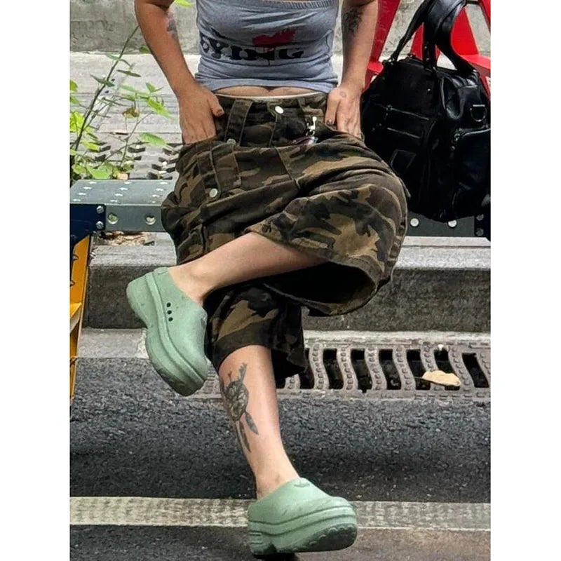 Camouflage Wide Leg Denim Jeans