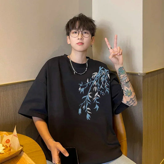 Oversized Bamboo Print White T-Shirt