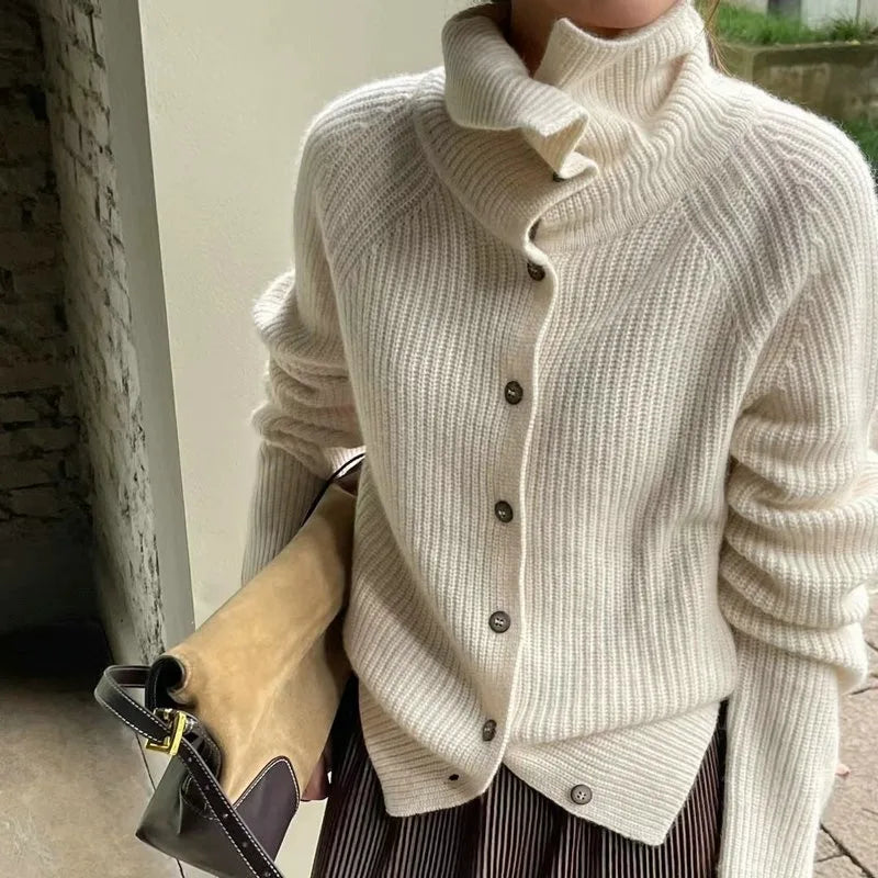 Chunky Knit Wool Turtleneck Cardigan Sweater