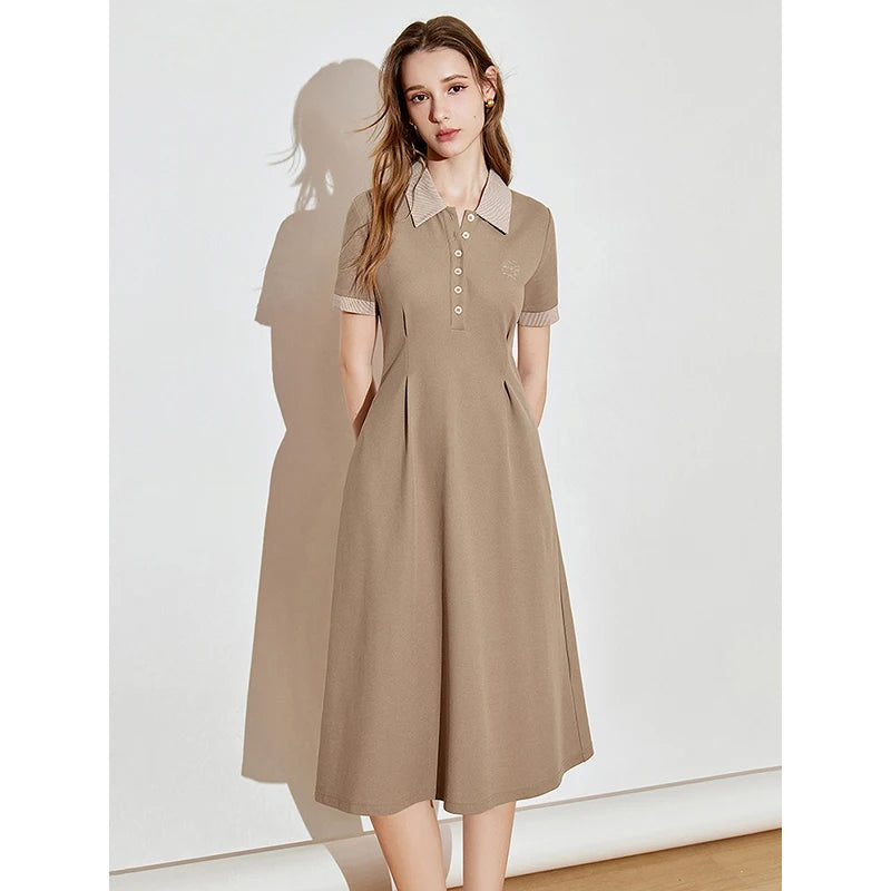 Contrast Color Polo Collar A-Line Dress