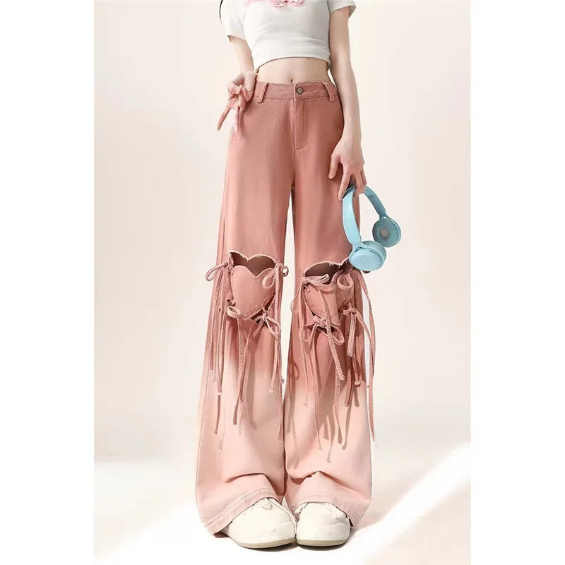 Vintage Pink High Waist Wide Jeans