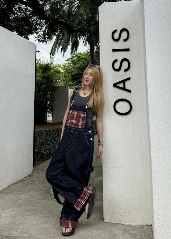 Blue Vintage Suspender Baggy Wide-Leg Jeans