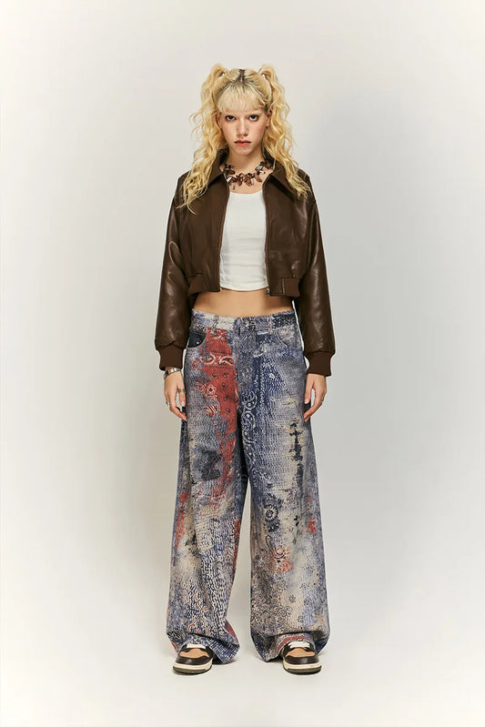 Cashew Flower Digital Printed Baggy Jeans