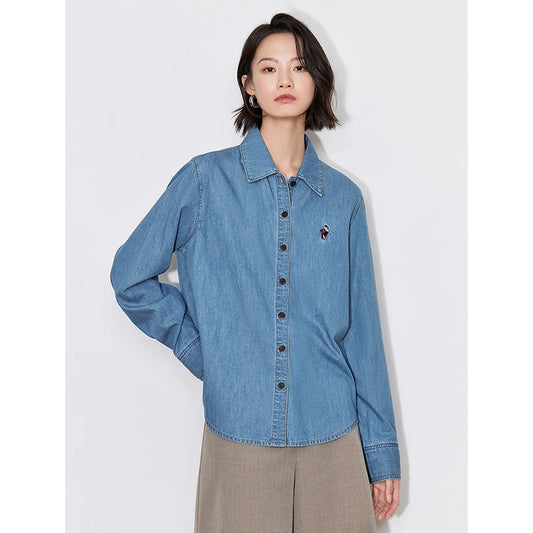 Embroidered Polo Collar Denim Jacket Shirt