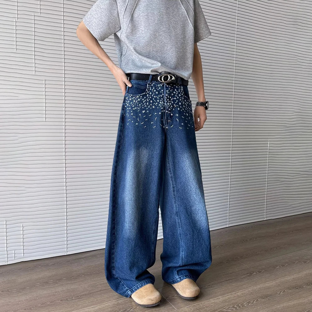 Breathable Loose Embroidered Contrast Color Jeans